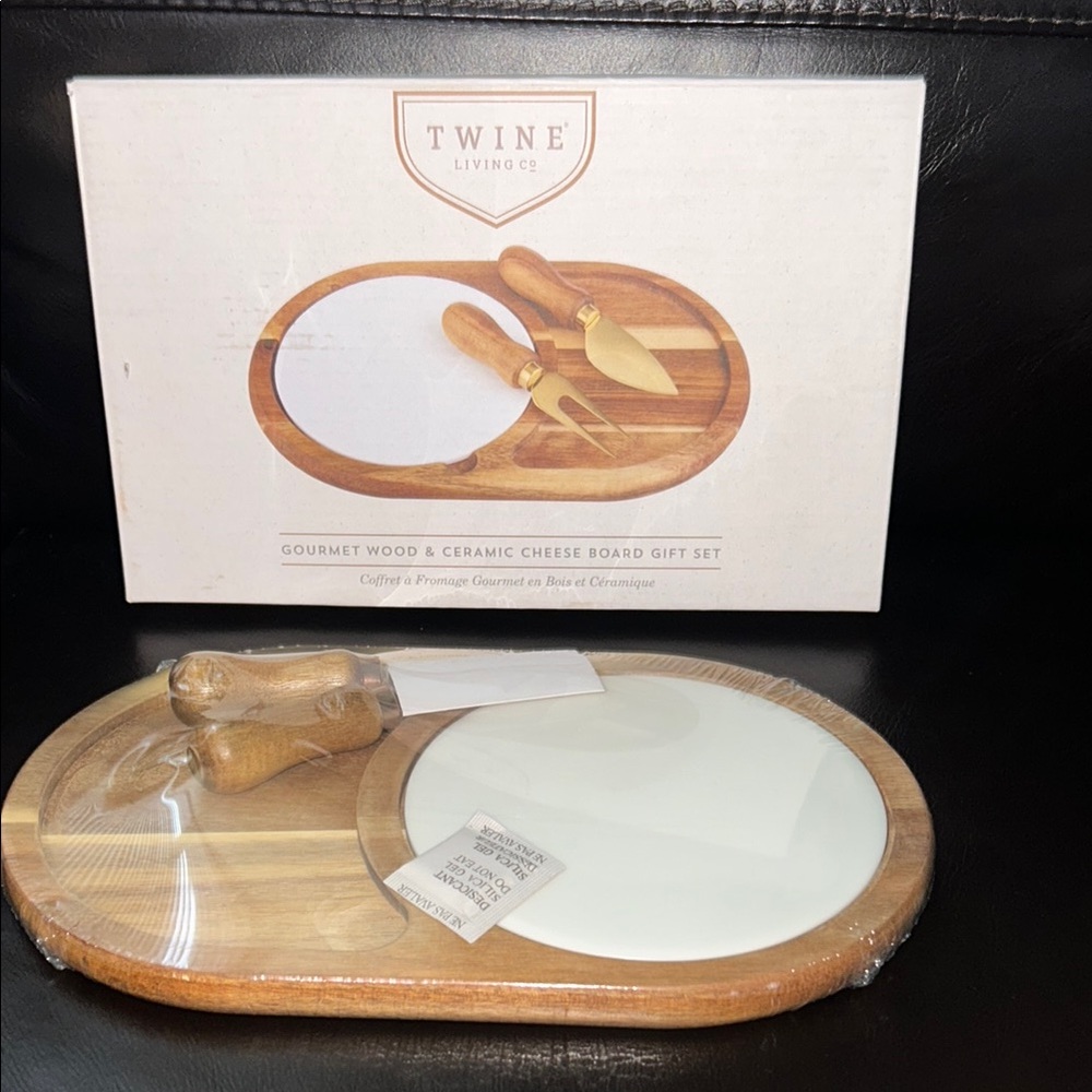 Wood and Ceramic Cheese Board Set - Brown and White